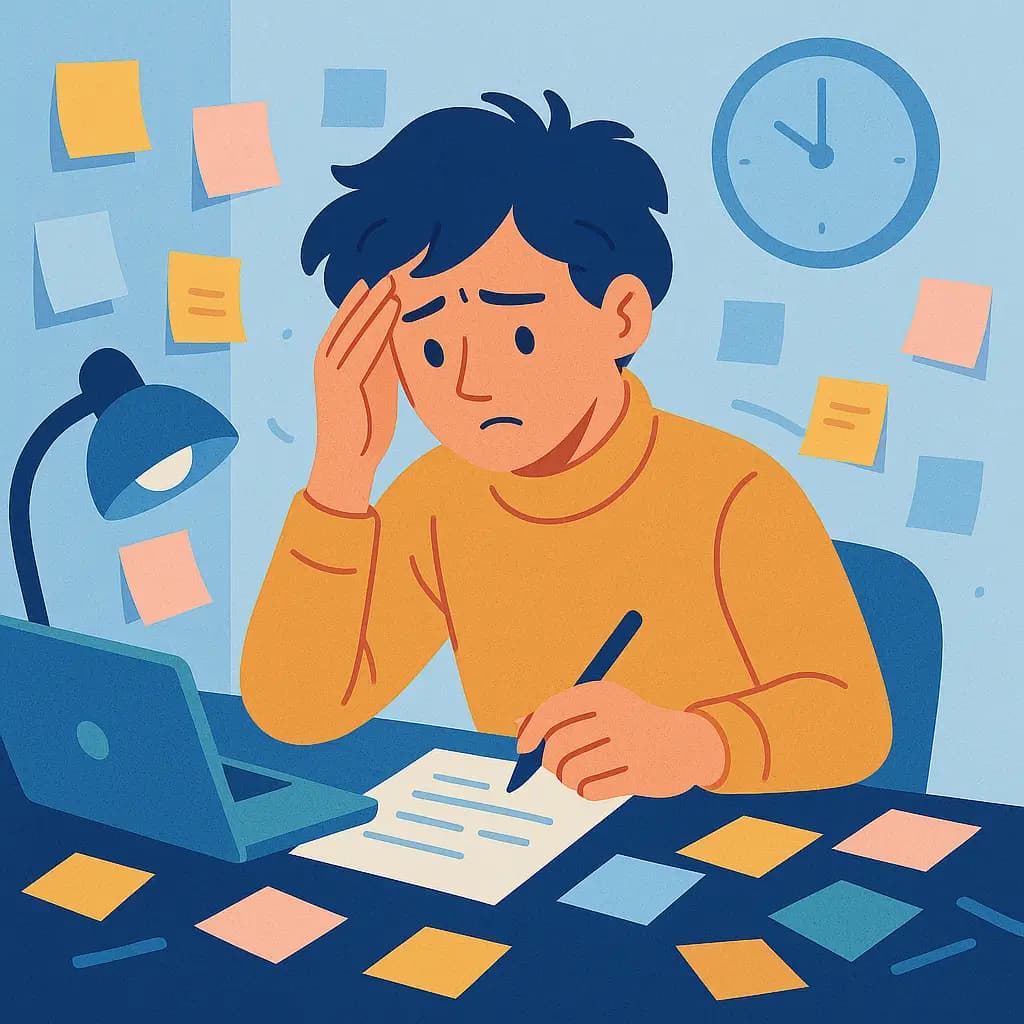 Vector illustration of a young adult looking stressed in a cluttered workspace filled with sticky notes, representing ADHD challenges.