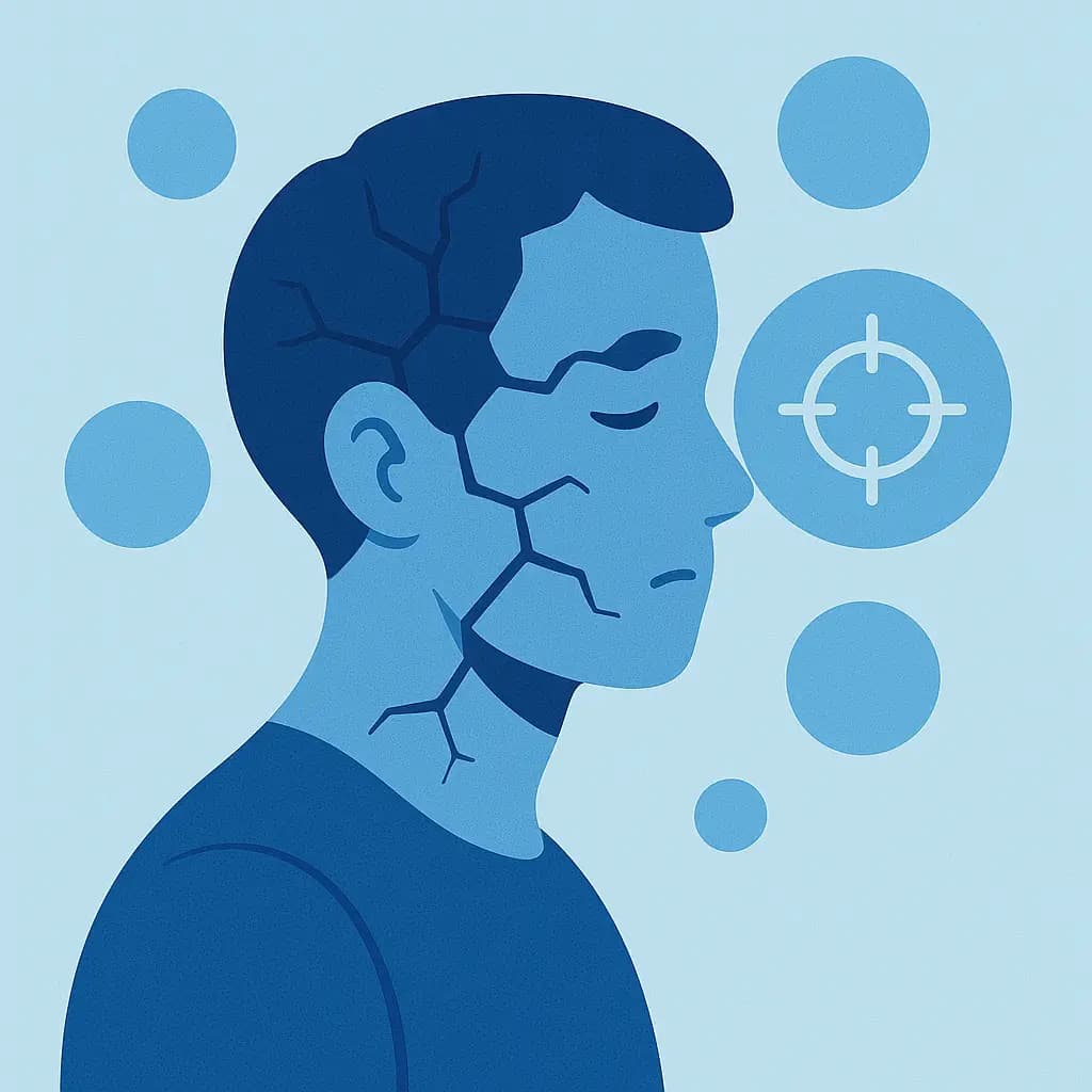 Abstract profile of a fragmented head with floating focus icons, symbolizing attention deficit issues in ADHD diagnosis.