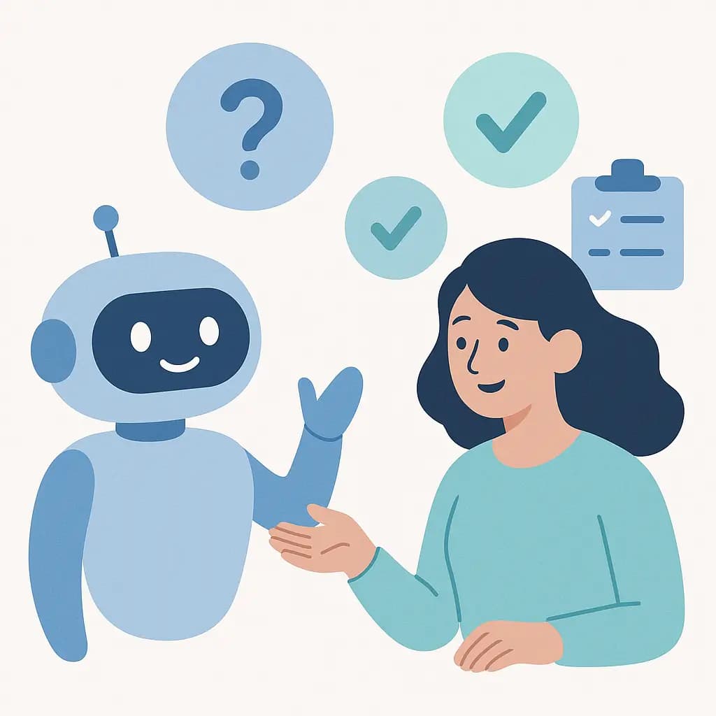 Friendly chatbot and human in conversation surrounded by FAQ icons