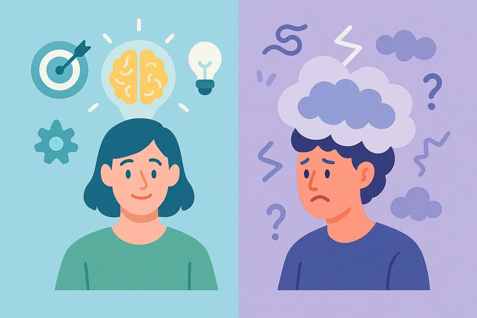Split-screen showing strengths and challenges of neurodivergent individuals with focus and confusion symbolism.