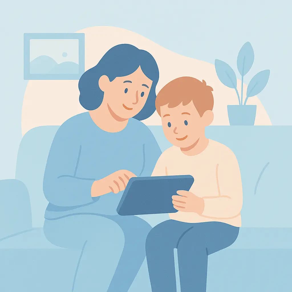 Parent and child using a tablet together in a calm setting, representing family-friendly autism screening tools online.